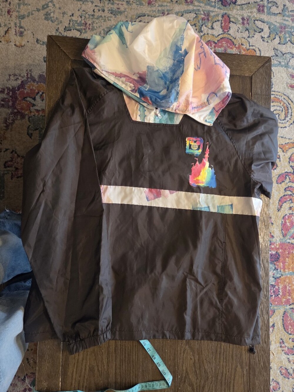 Disney Black Windbreaker with Pastel Tie-Dye Hood and Accent Stripe